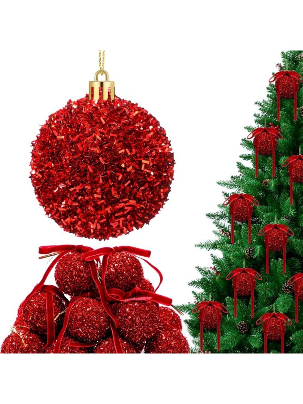 24 Sets Red Glitter Christmas Ornaments with Bows - Festive Holiday Decor